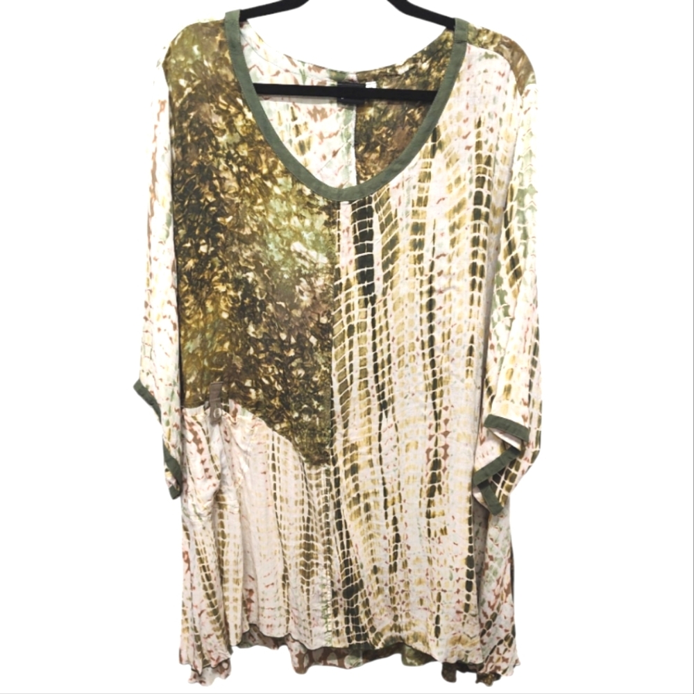 IGUANA "Art to Wear" Chic Olive and Cream Tie-Dye Women's Tunic Top Size 3X